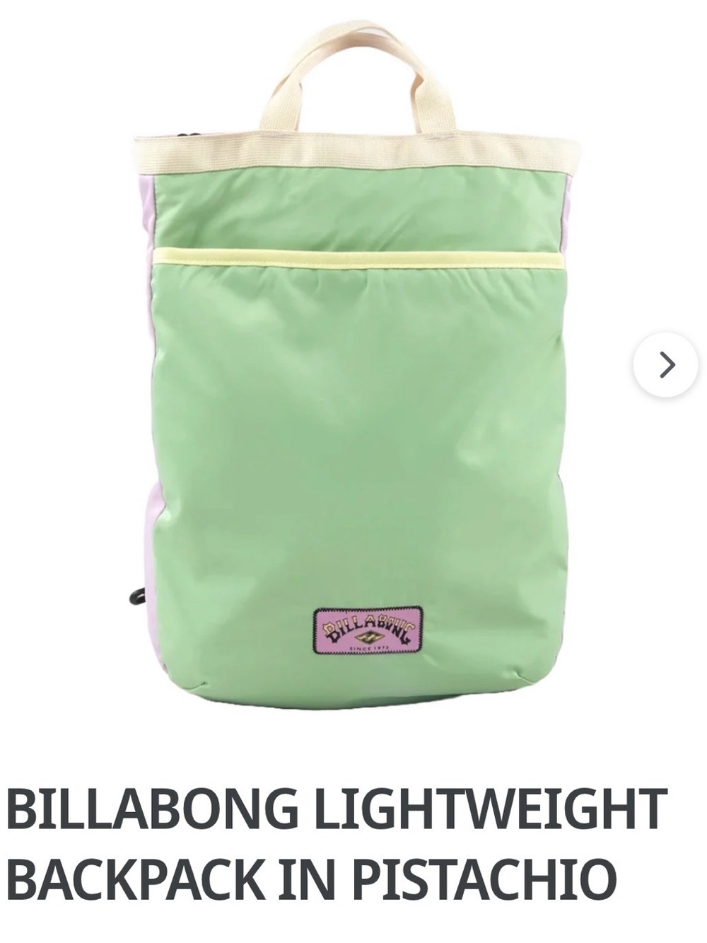 Billabong Pistachio Green Backpack with Cream & Light Purple Accents